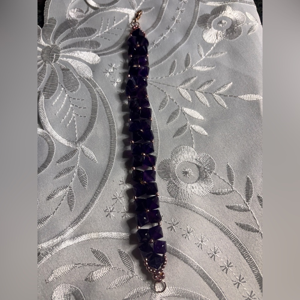 Handmade Amethyst Gemstone Bracelet rose gold tone lobster claw clasp 7.5 inches - Picture 9 of 9